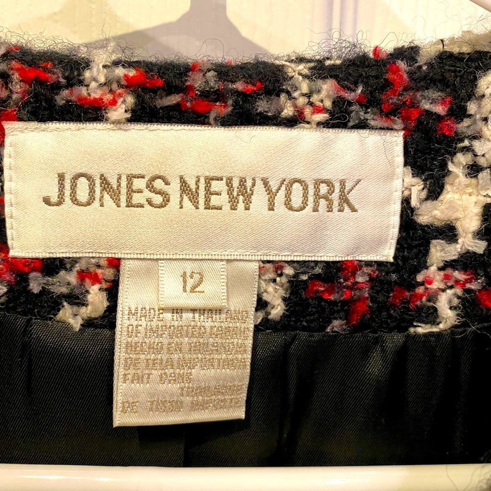 Red, black and white wool plaid blazer